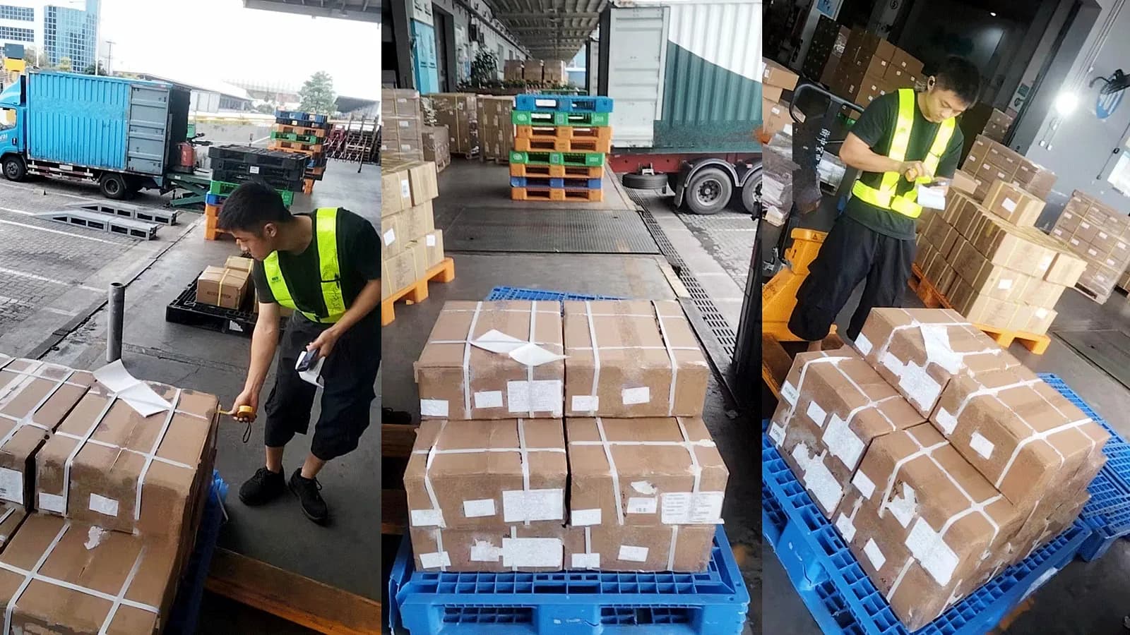 Three scenes at a loading dock: checking cartons, stacked pallets and a pallet truck